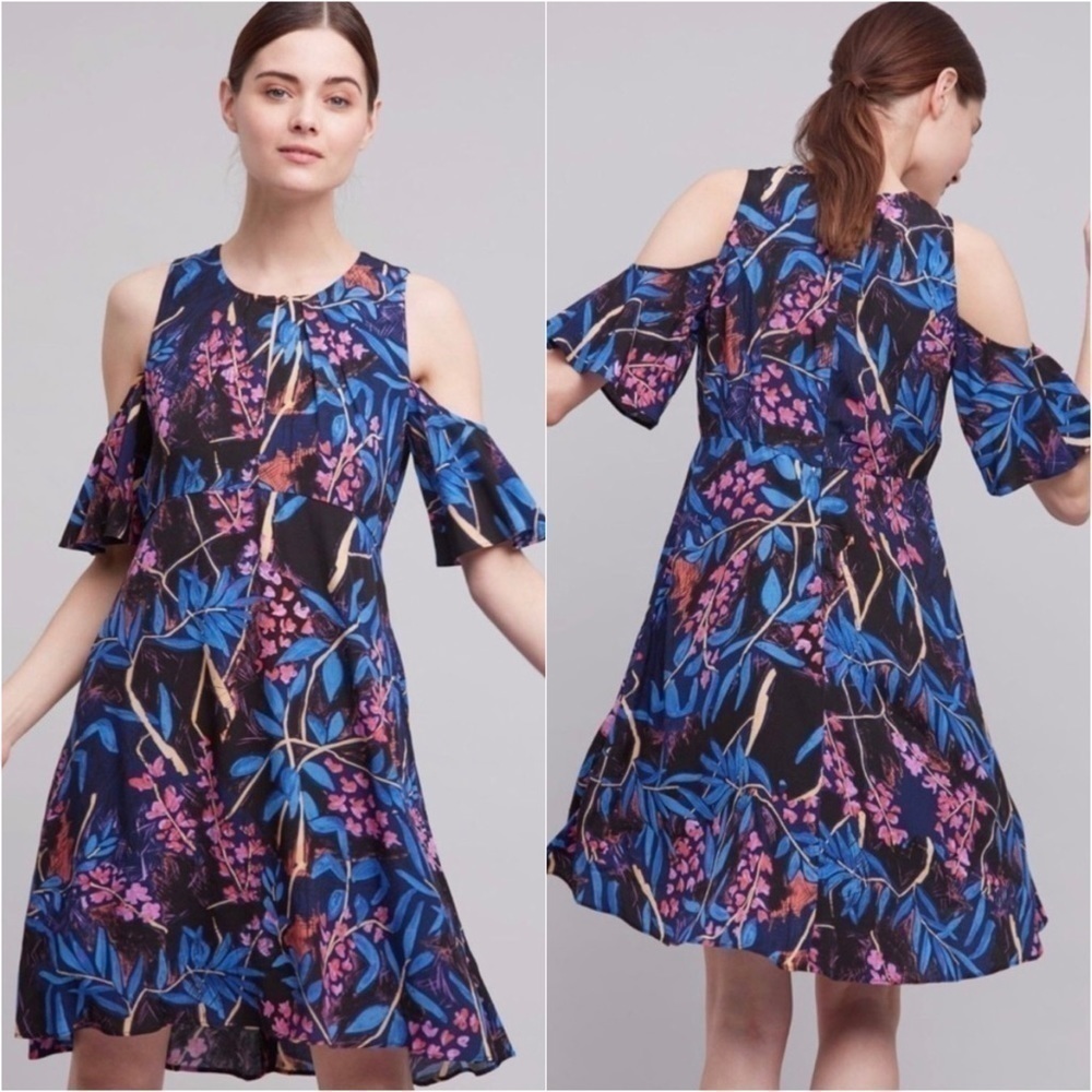 Anthropologie Maeve Dress Elia Open Cold Shoulder Knee Length Floral Tropical 10